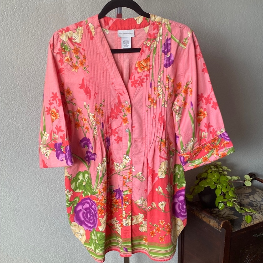 Soft Surroundings Tunic Top Button Down Floral Tropical Pleated
